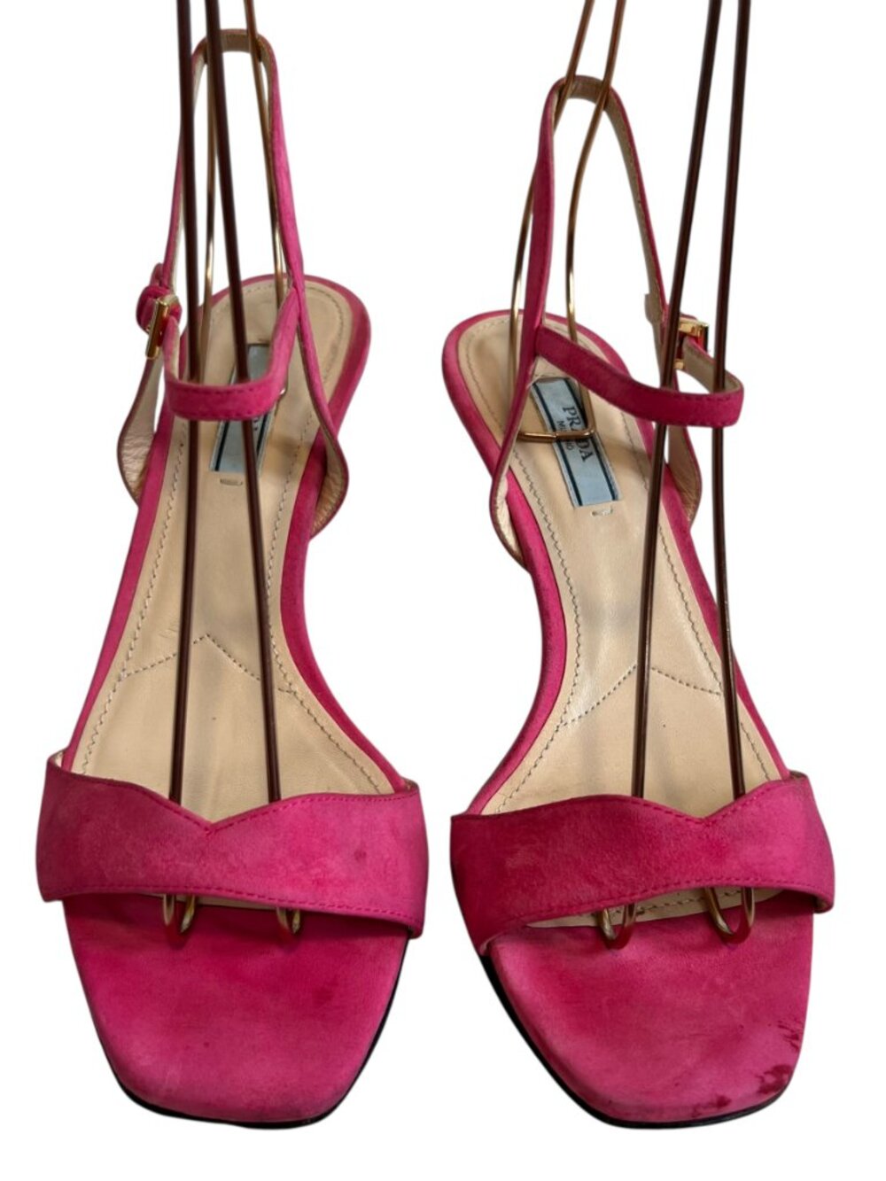 Prada high heel sandals pink suede 37.5 square toe ankle strap - Picture 2 of 15